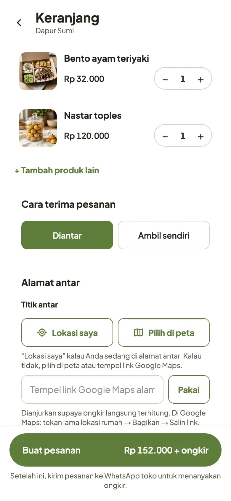 Keranjang pembeli: bento dan nastar, pilihan diantar atau ambil sendiri, dan titik antar.