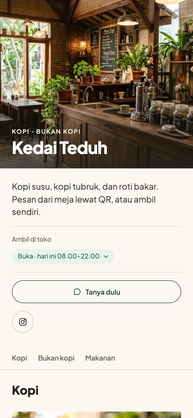 Halaman toko contoh Kedai Teduh di HP.